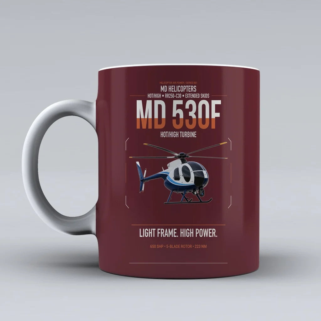 MD Helicopters MD 530F design on dark red ceramic mug, double-side print
