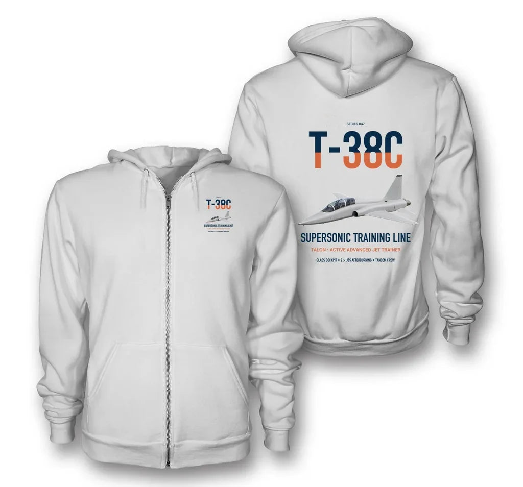 T-38C Talon design on white premium zipped hoodie, double-side print