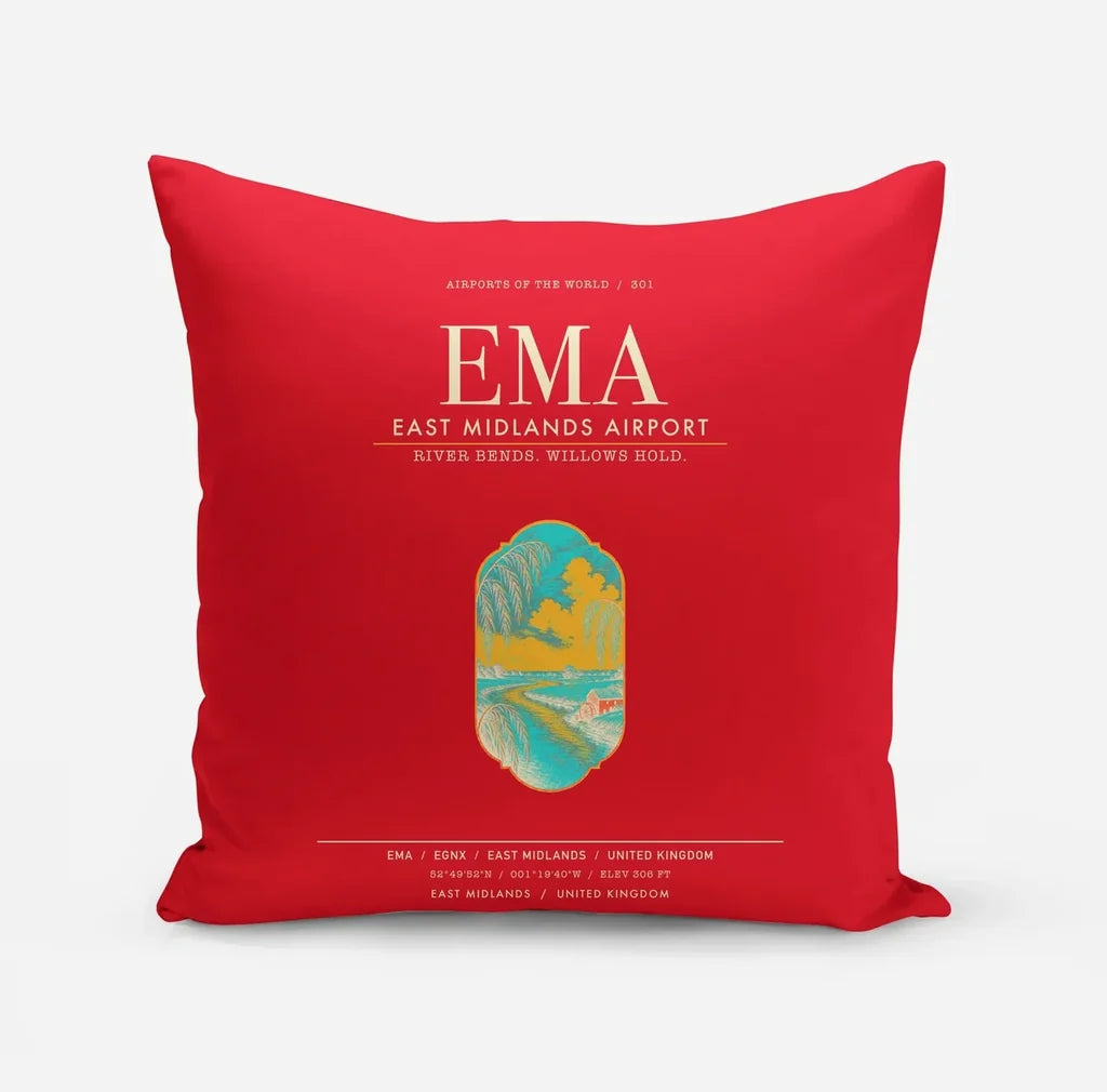 East Midlands Airport (EMA) design on red pillow