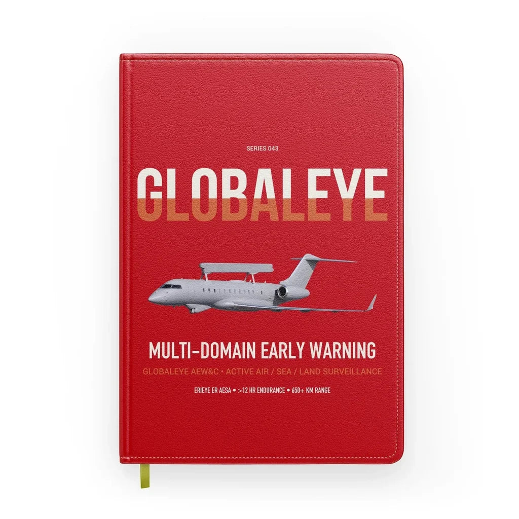 Saab GlobalEye design on red notebook