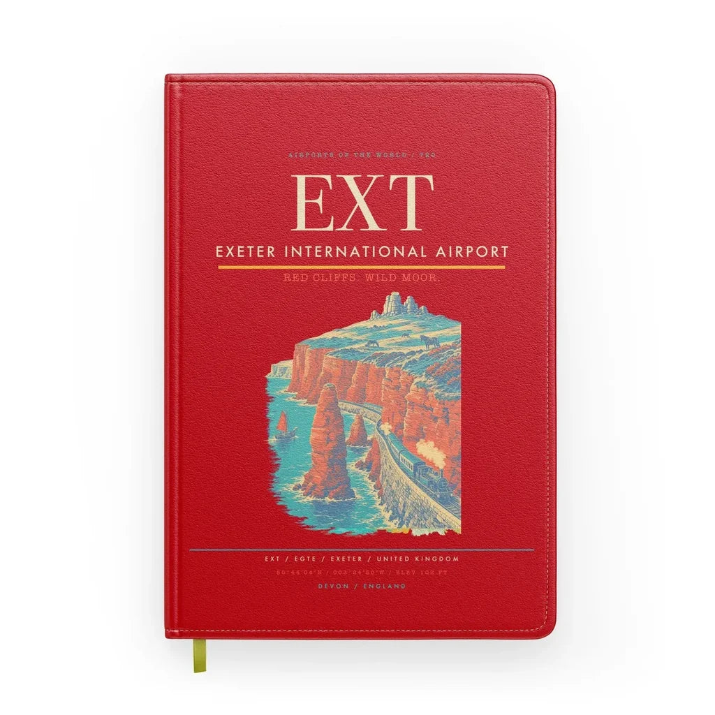 Exeter International Airport (EXT) design on red notebook