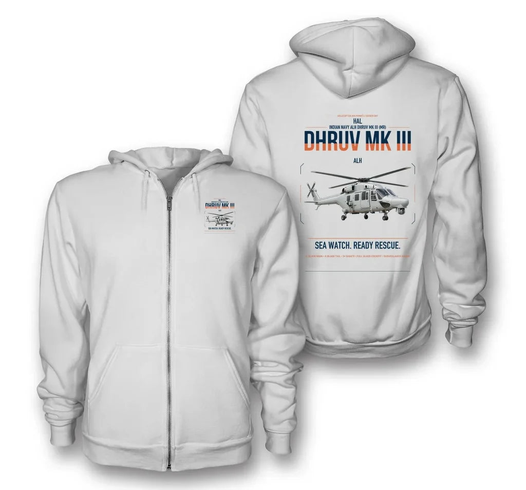 HAL ALH Dhruv Mk III design on white premium zipped hoodie, double-side print