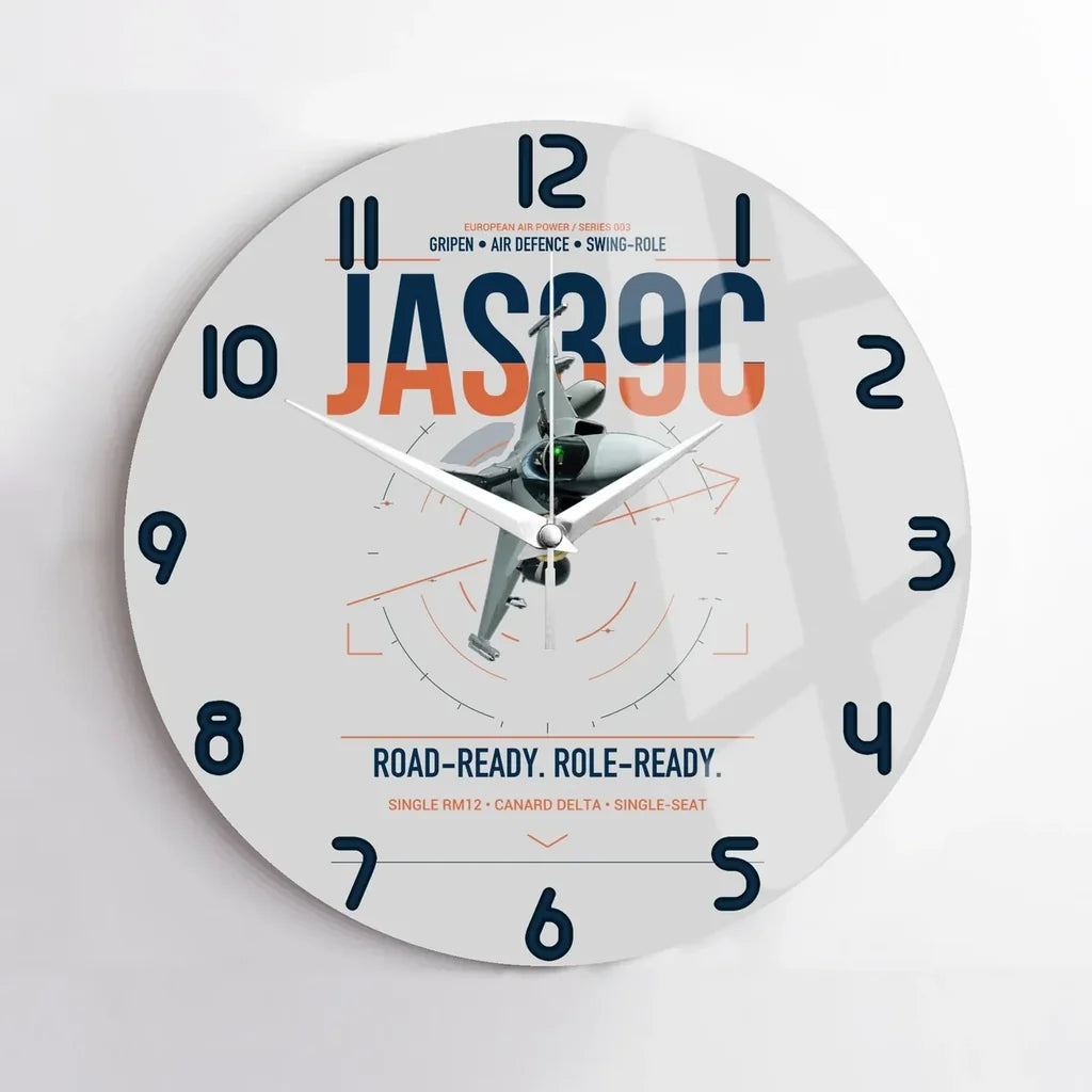 Saab JAS 39C Gripen design on light gray no frame wall clock