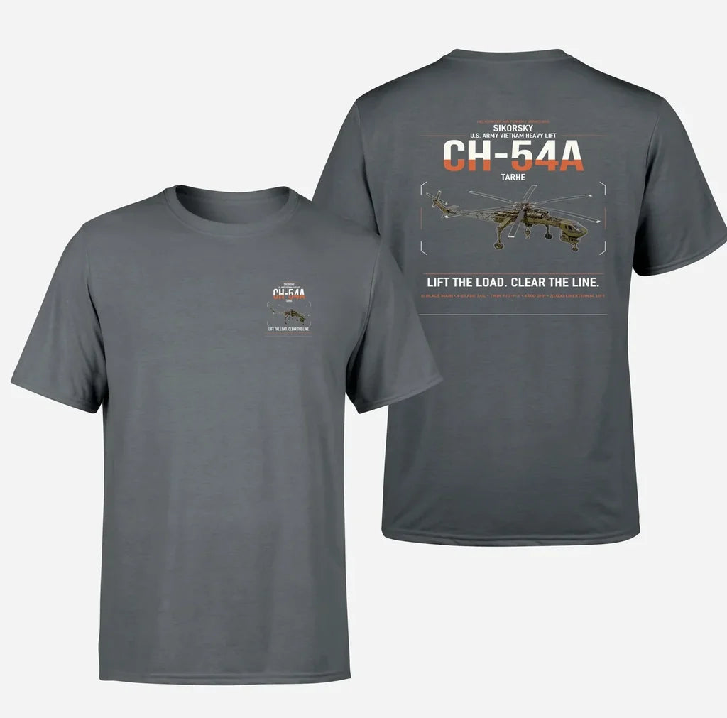 Sikorsky CH-54A Tarhe design on gray t-shirt, double-side print