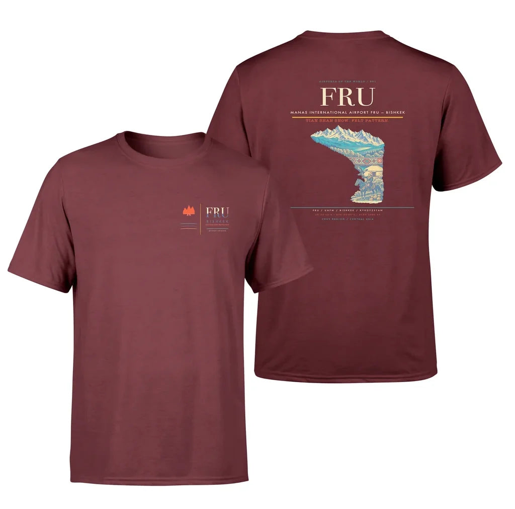Manas International Airport (FRU) design printed on dark red double-side t-shirt