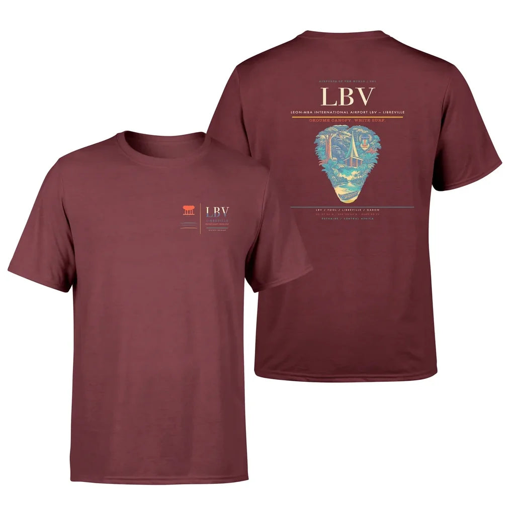 Leon-Mba International Airport (LBV) design printed on dark red double-side t-shirt