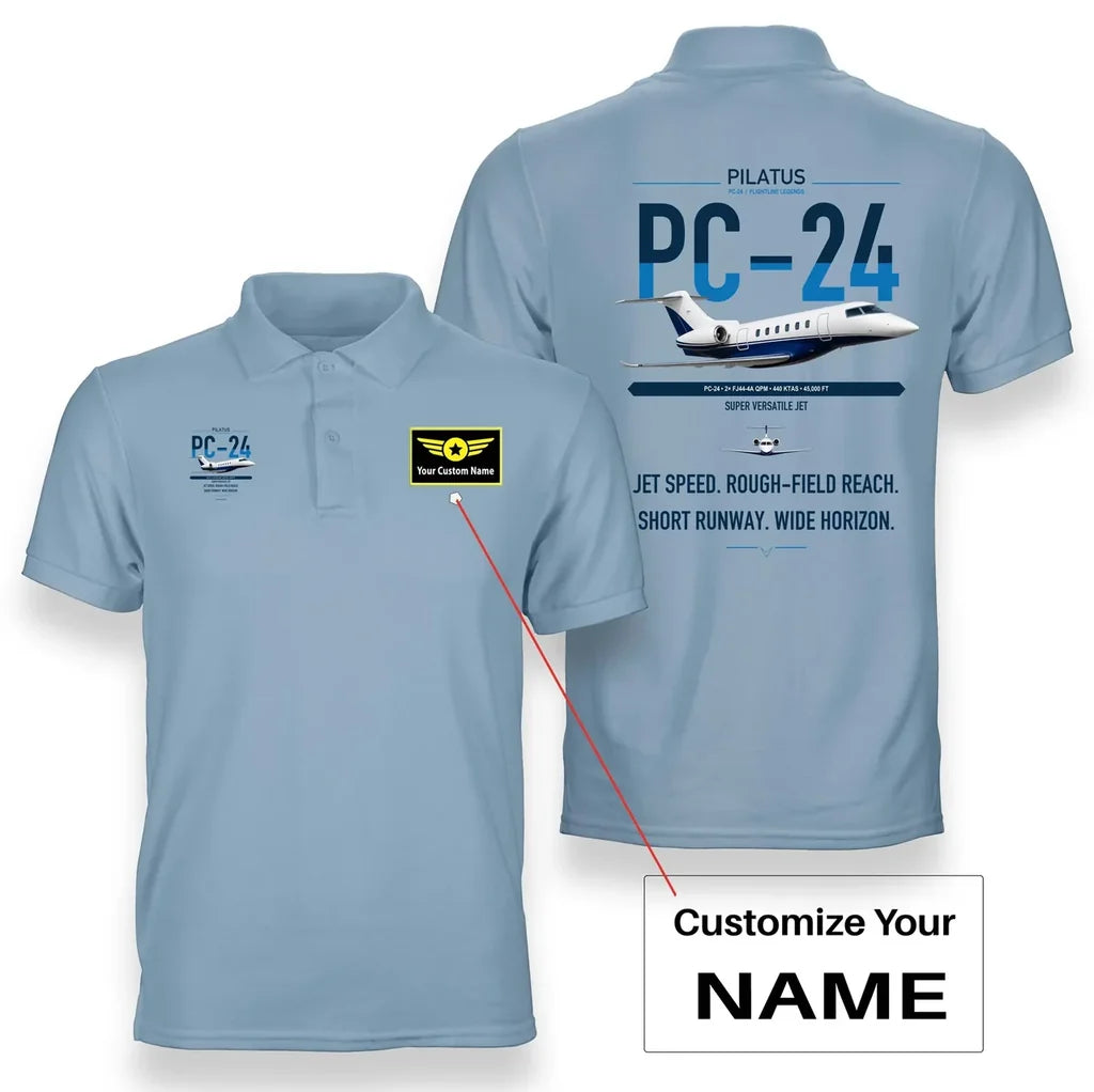 Pilatus PC-24 design on light blue+name double-side polo t-shirt, double-side print