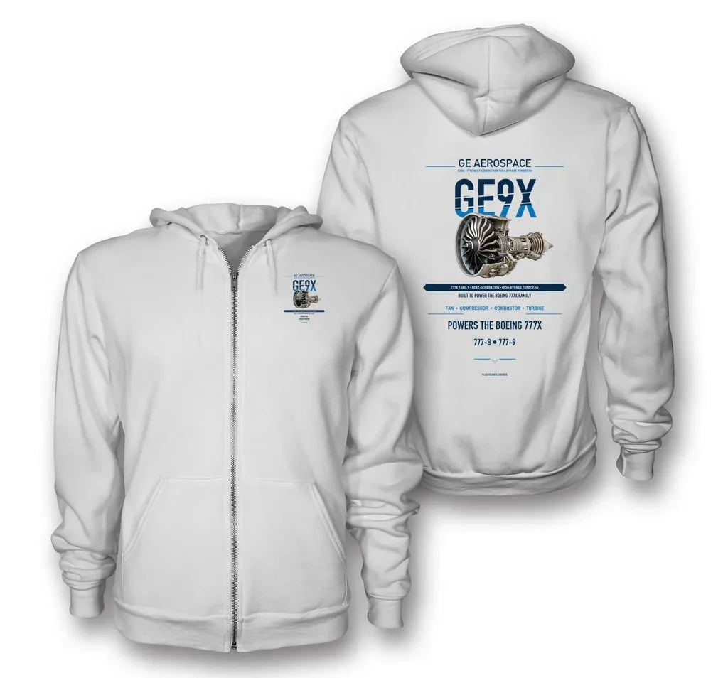 GE9X design on white zipped hoodie