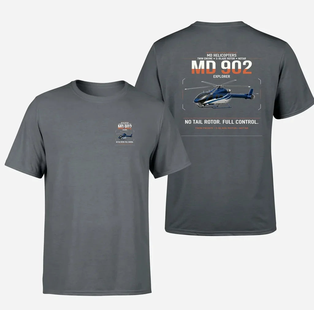 MD Helicopters MD 902 Explorer design on gray t-shirt, double-side print