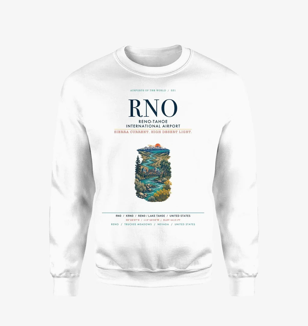 Reno-Tahoe International Airport (RNO) design on white sweatshirt