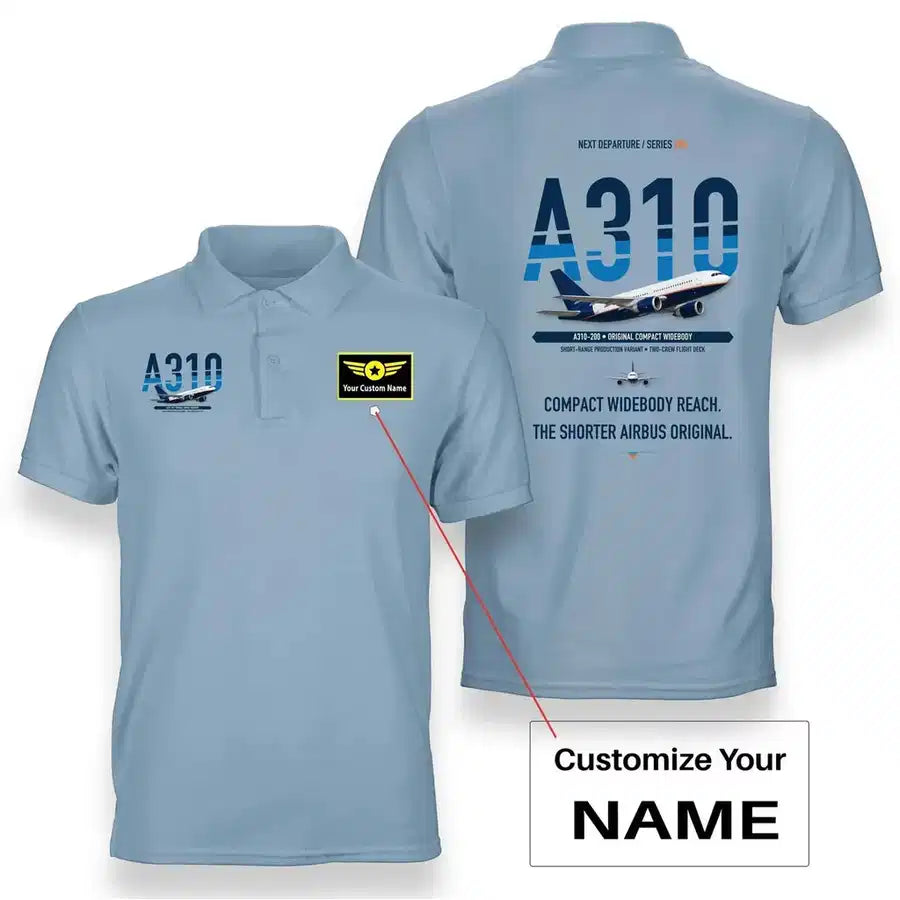 Airbus A310-200 design on light blue polo with custom name badge