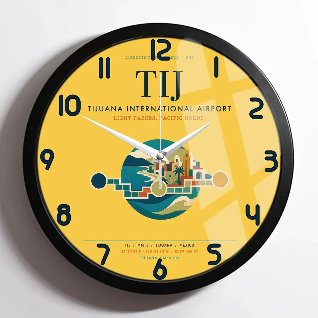 Tijuana International Airport (TIJ) design on yellow framed wall clock