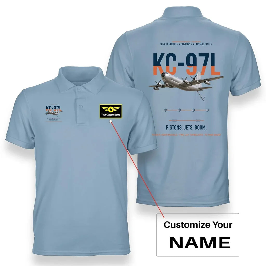 KC-97L STRATOFREIGHTER design on light blue+name double-side polo t-shirt, double-side print