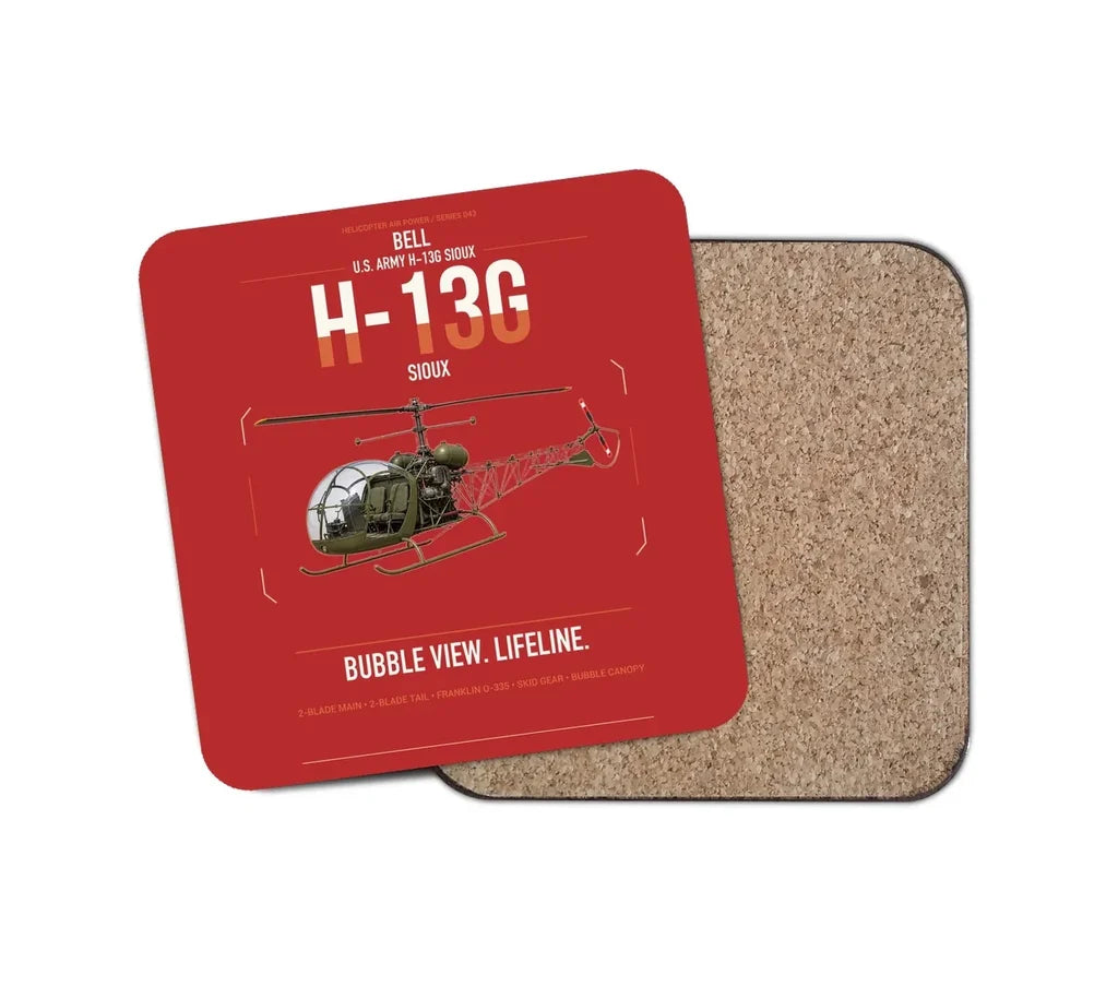 Bell H-13G Sioux design on red 1 piece coaster