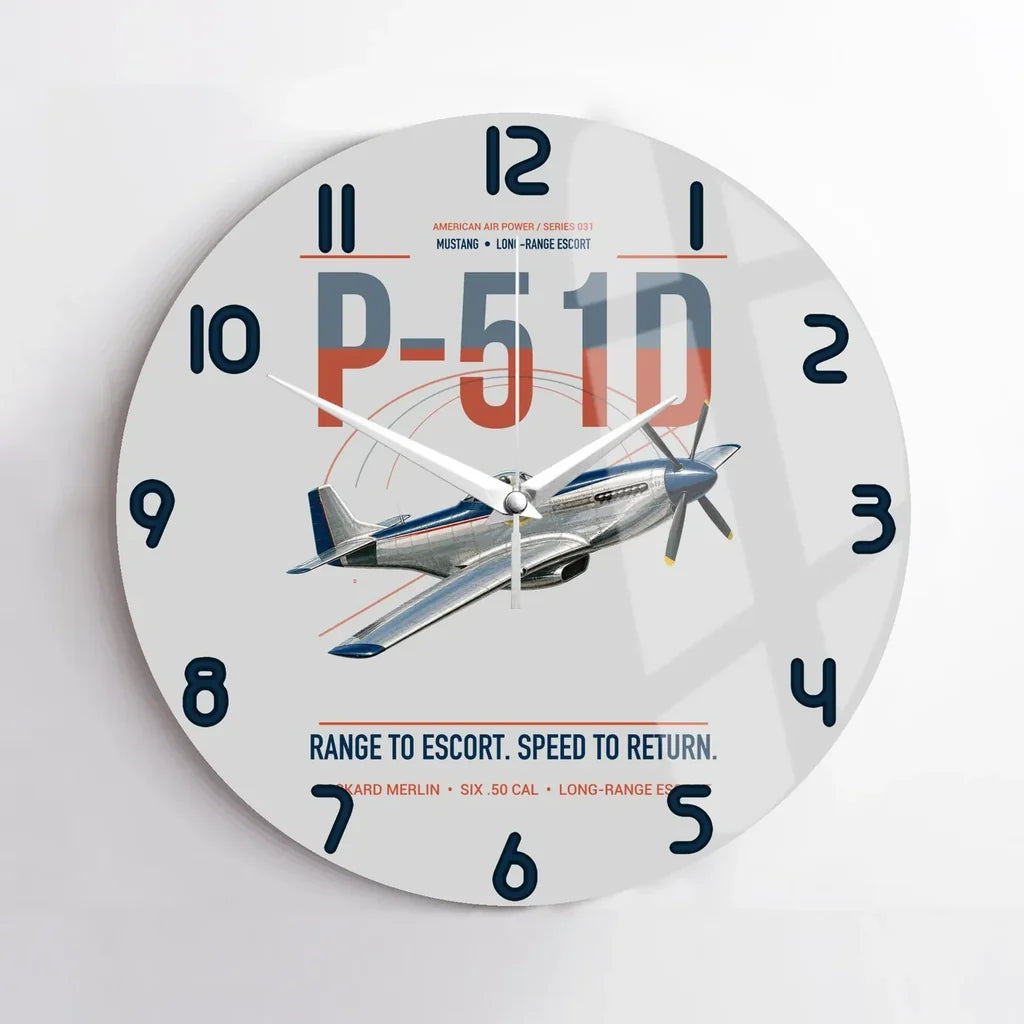 P-51D Mustang design on light gray no frame wall clock
