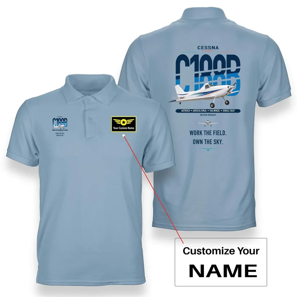 Cessna A188B AgTruck design on light blue+name double-side polo t-shirt, double-side print