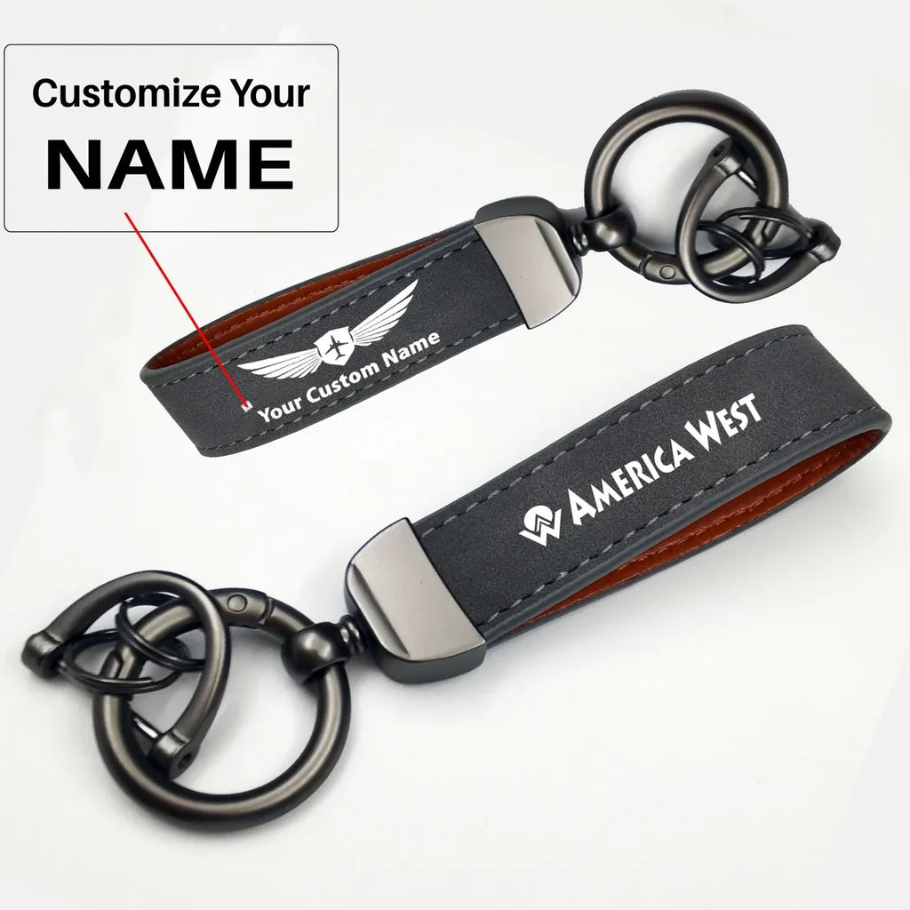 America West Airlines Horseshoe Buckle key chain, Gray + Name