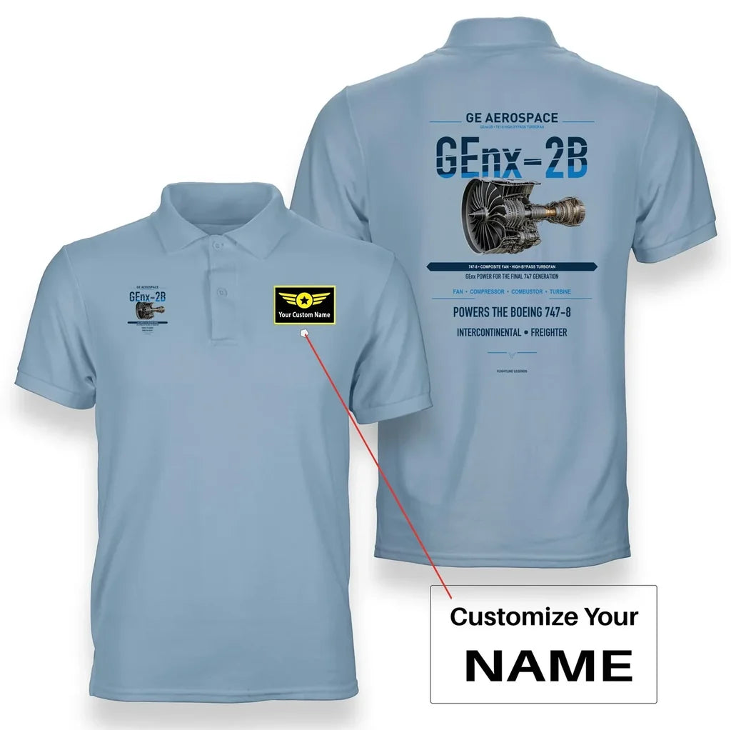 GEnx-2B design on light blue polo with custom name badge