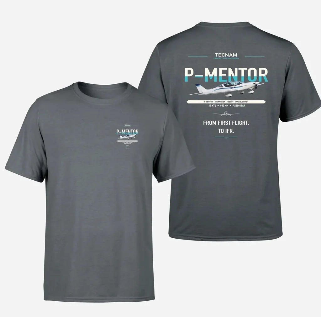 Tecnam P-Mentor design on gray t-shirt, double-side print