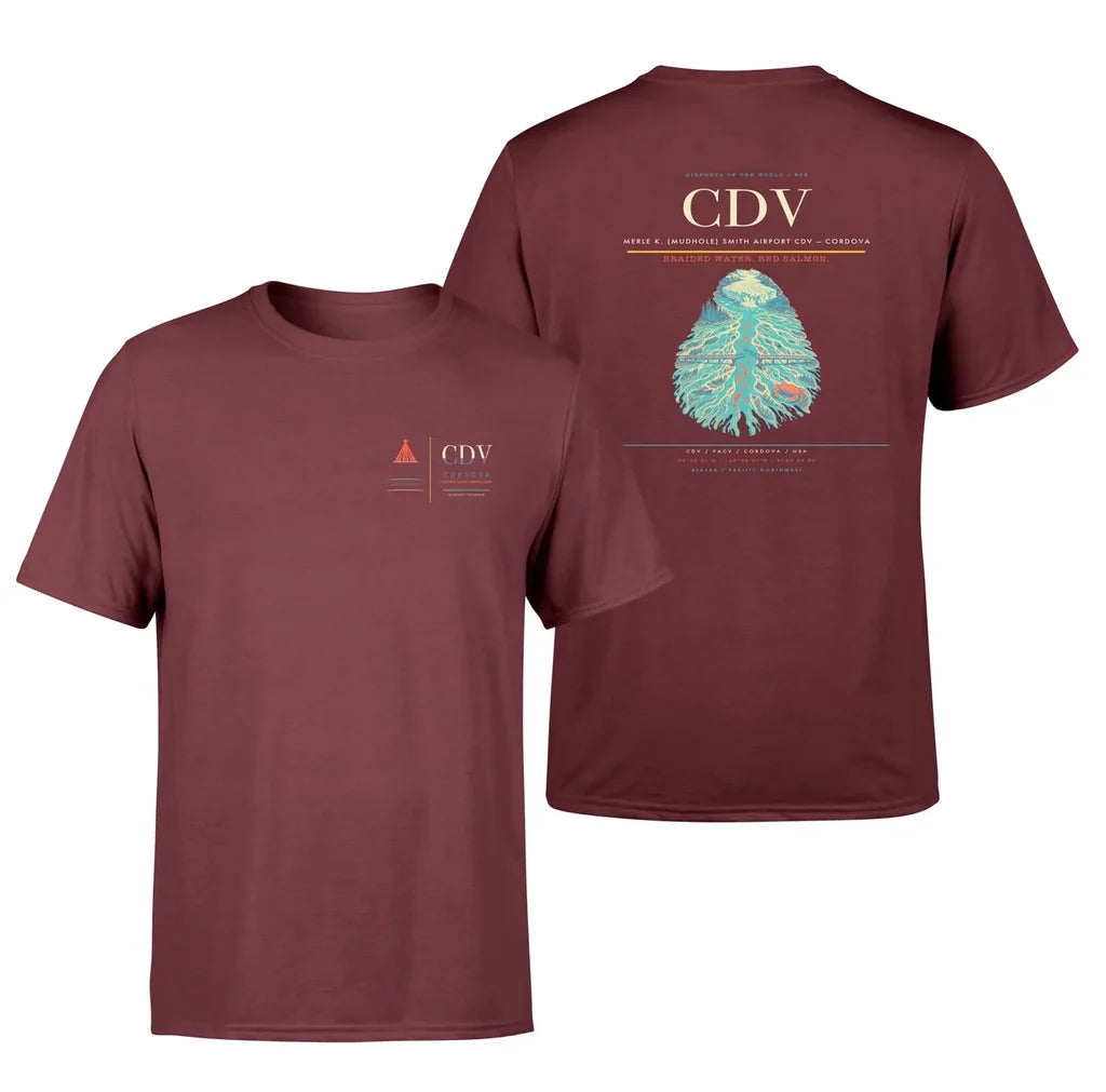 Merle K. (Mudhole) Smith Airport (CDV) design printed on dark red double-side t-shirt