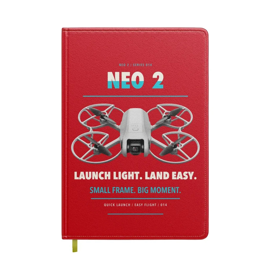 DJI Neo 2 design on red notebook