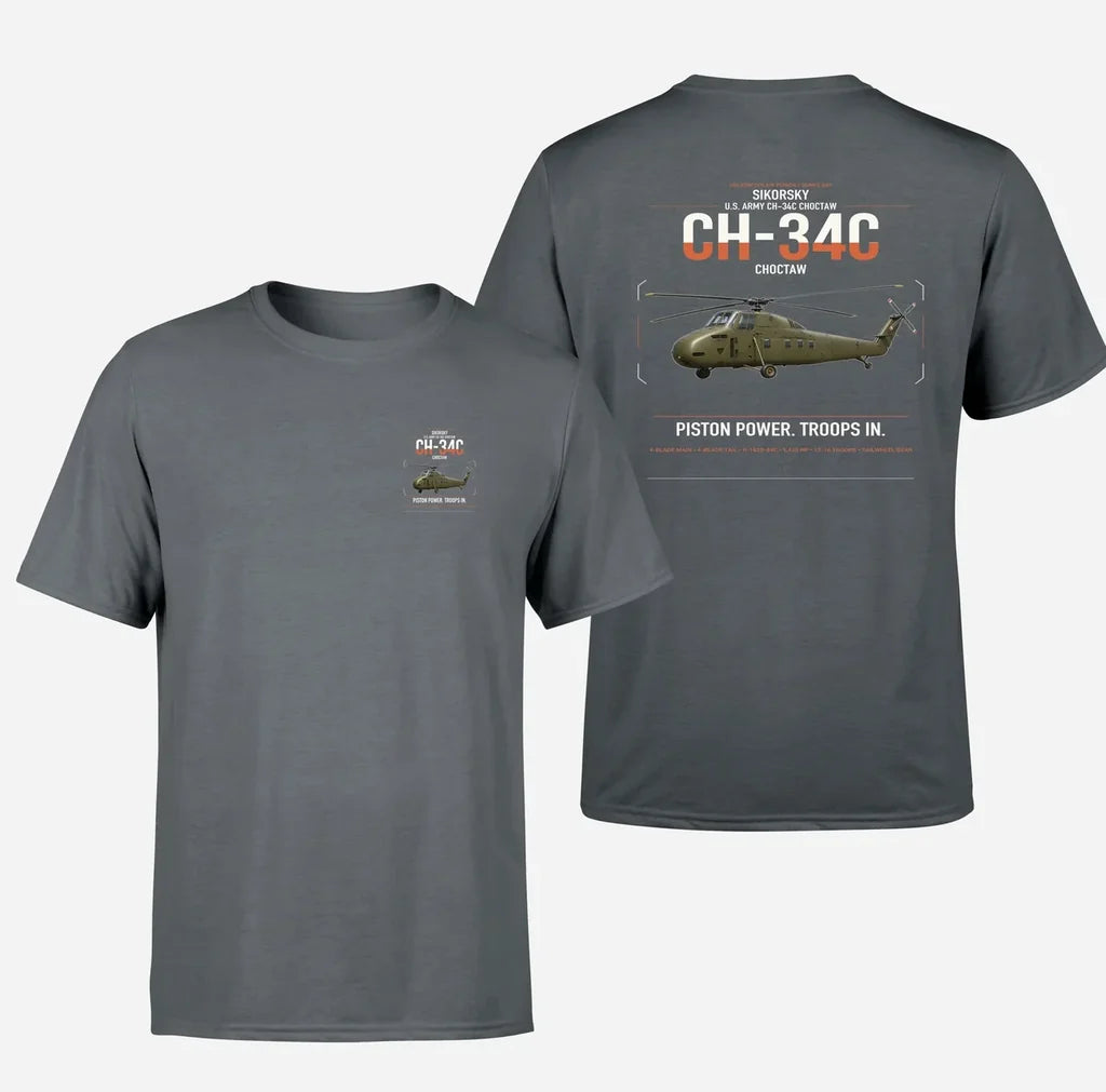 Sikorsky CH-34C Choctaw design on gray t-shirt, double-side print