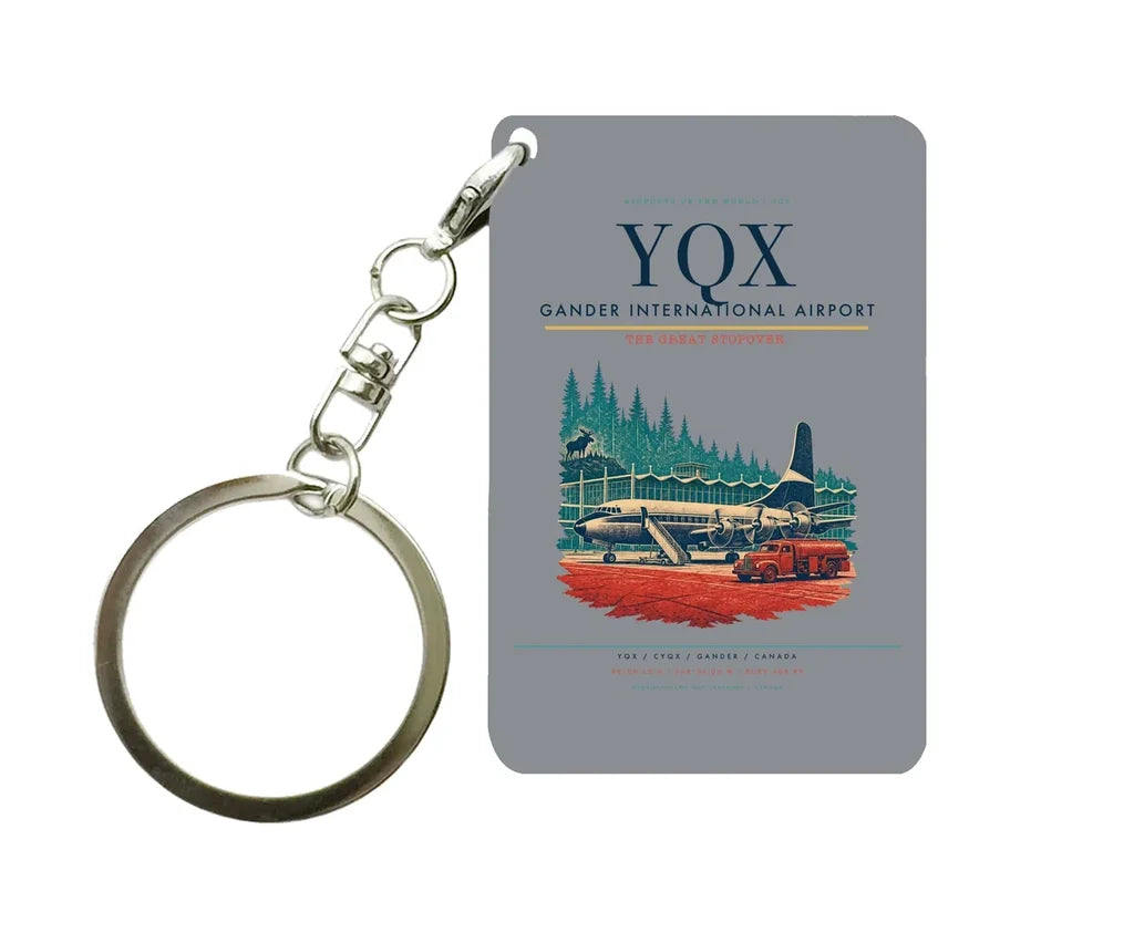 Gander International Airport (YQX) design on gray key chain