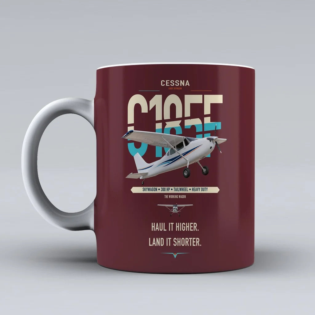 Cessna A185F Skywagon design on dark red ceramic mug, double-side print
