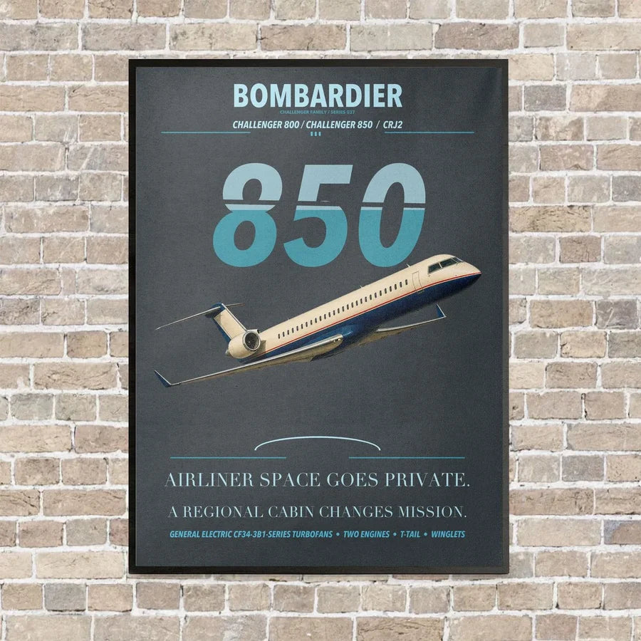 Bombardier Challenger 850 vertical canvas print - framed - gray background