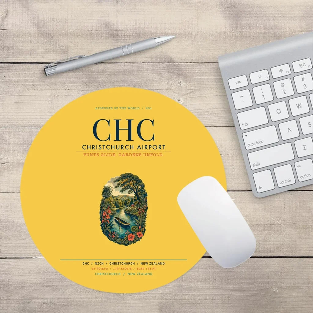 Christchurch Airport (CHC) design on yellow round mouse pad
