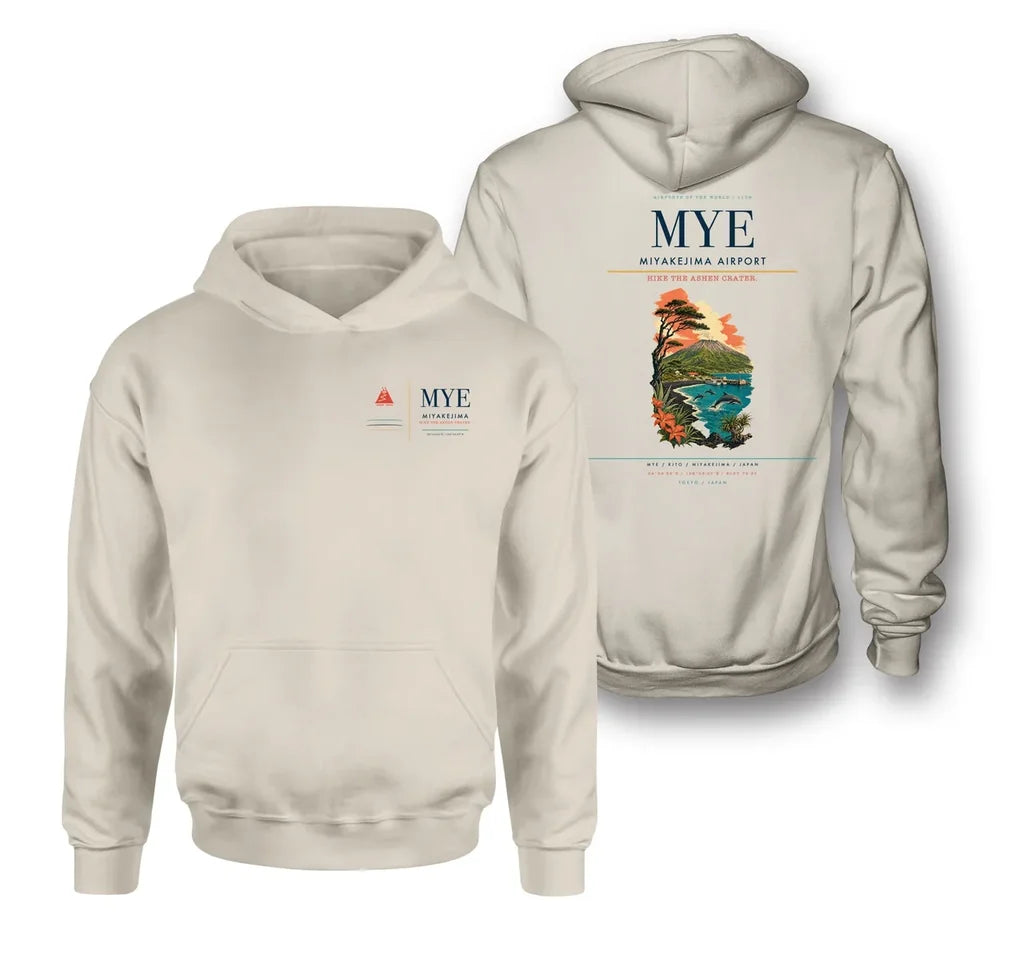 Miyakejima Airport (MYE) design on khaki double-side hoodie