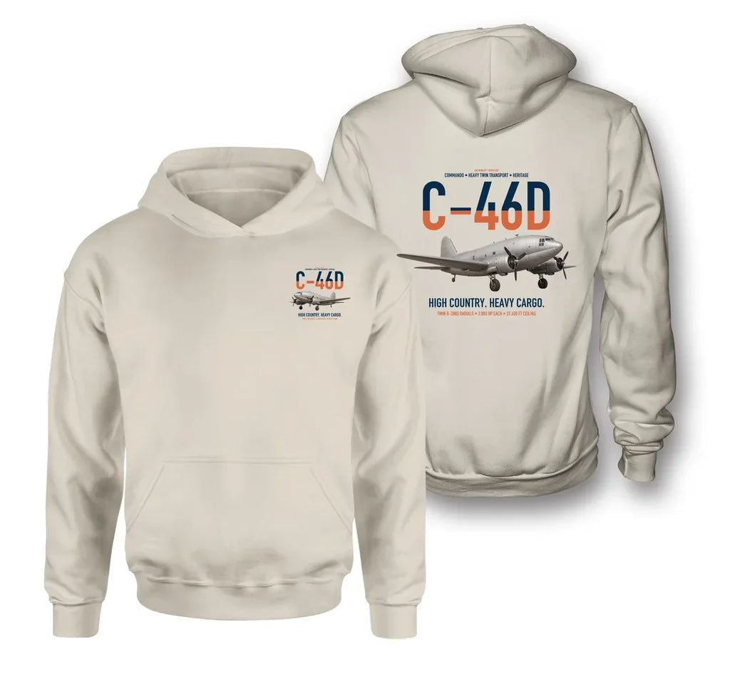 C-46D Commando design on khaki double-side hoodie, double-side print