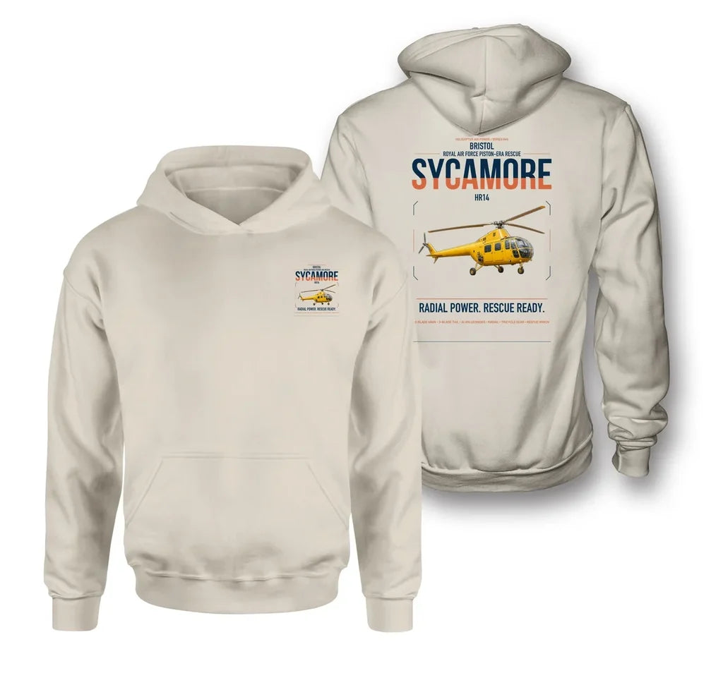 Bristol Sycamore HR14 design on khaki double-side hoodie, double-side print