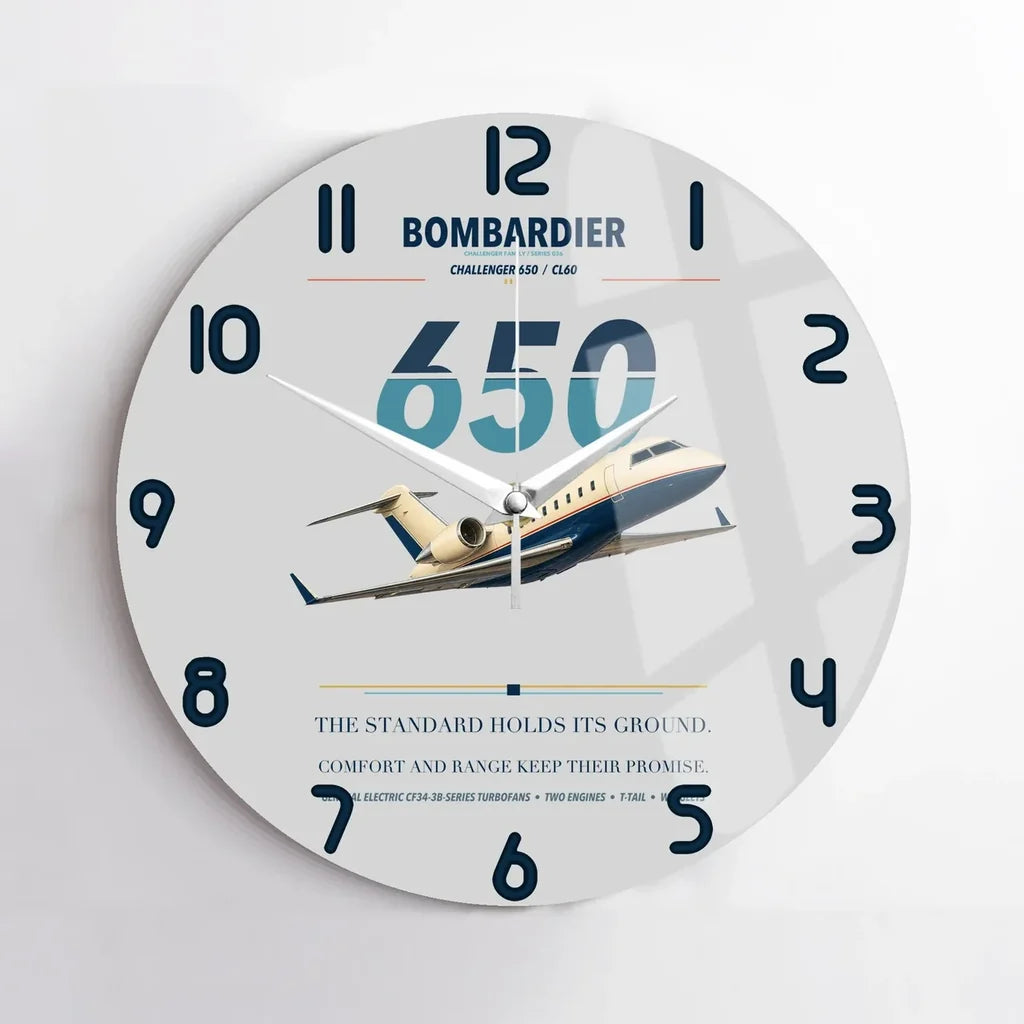 Bombardier Challenger 650 design on light gray no frame wall clock