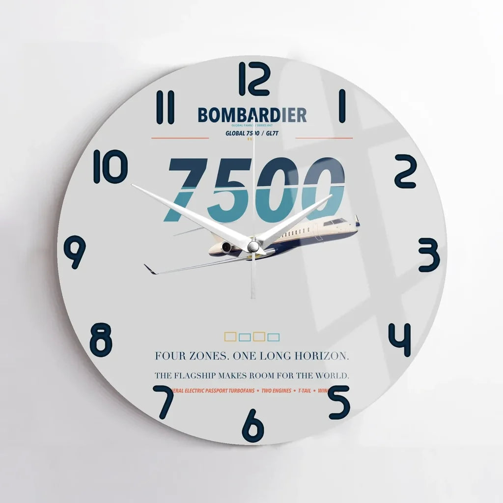 Bombardier Global 7500 design on light gray no frame wall clock