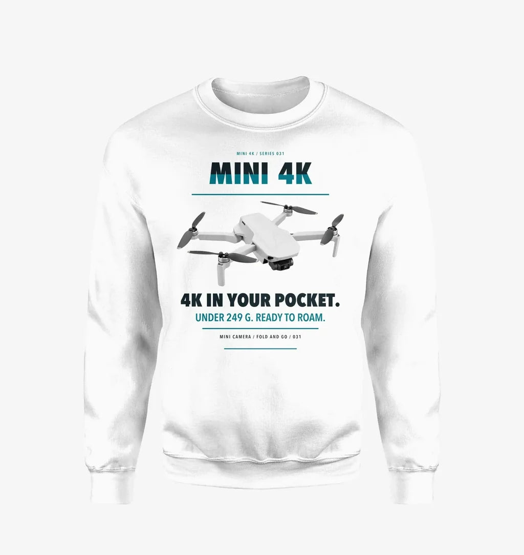 DJI Mini 4K design on white sweatshirt