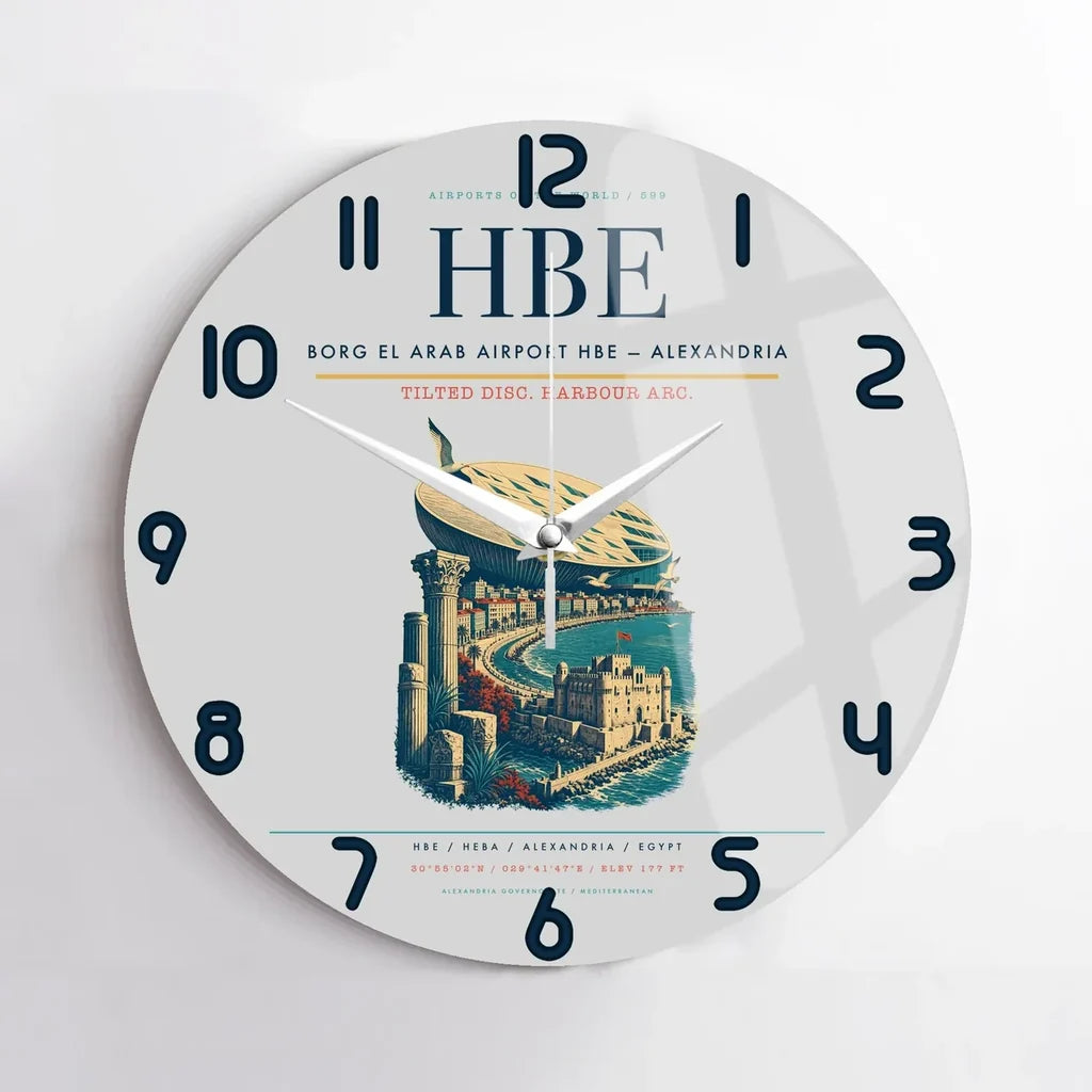 Borg El Arab Airport (HBE) design on light gray no frame wall clock