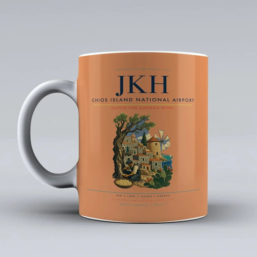 Chios Island National Airport (JKH) airport code design on orange ceramic mug