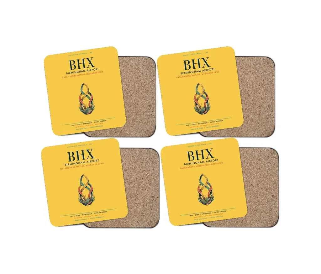 Birmingham Airport (BHX) design on yellow 4 pieces set coaster