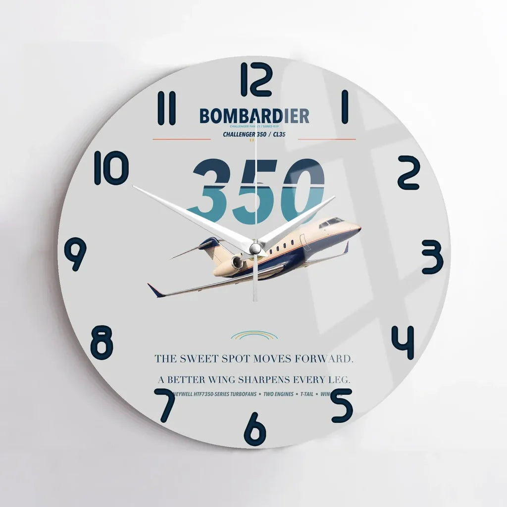 Bombardier Challenger 350 design on light gray no frame wall clock