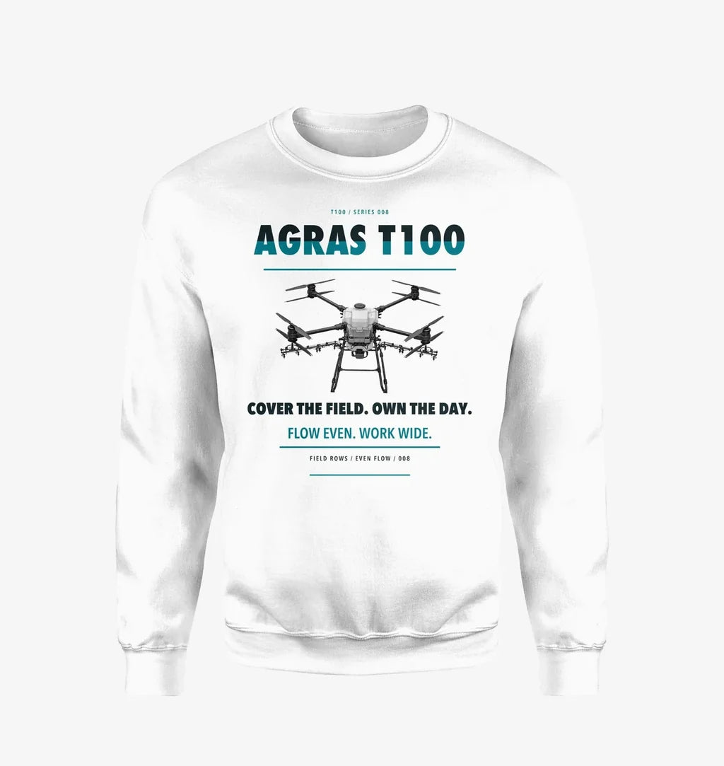 DJI Agras T100 design on white sweatshirt