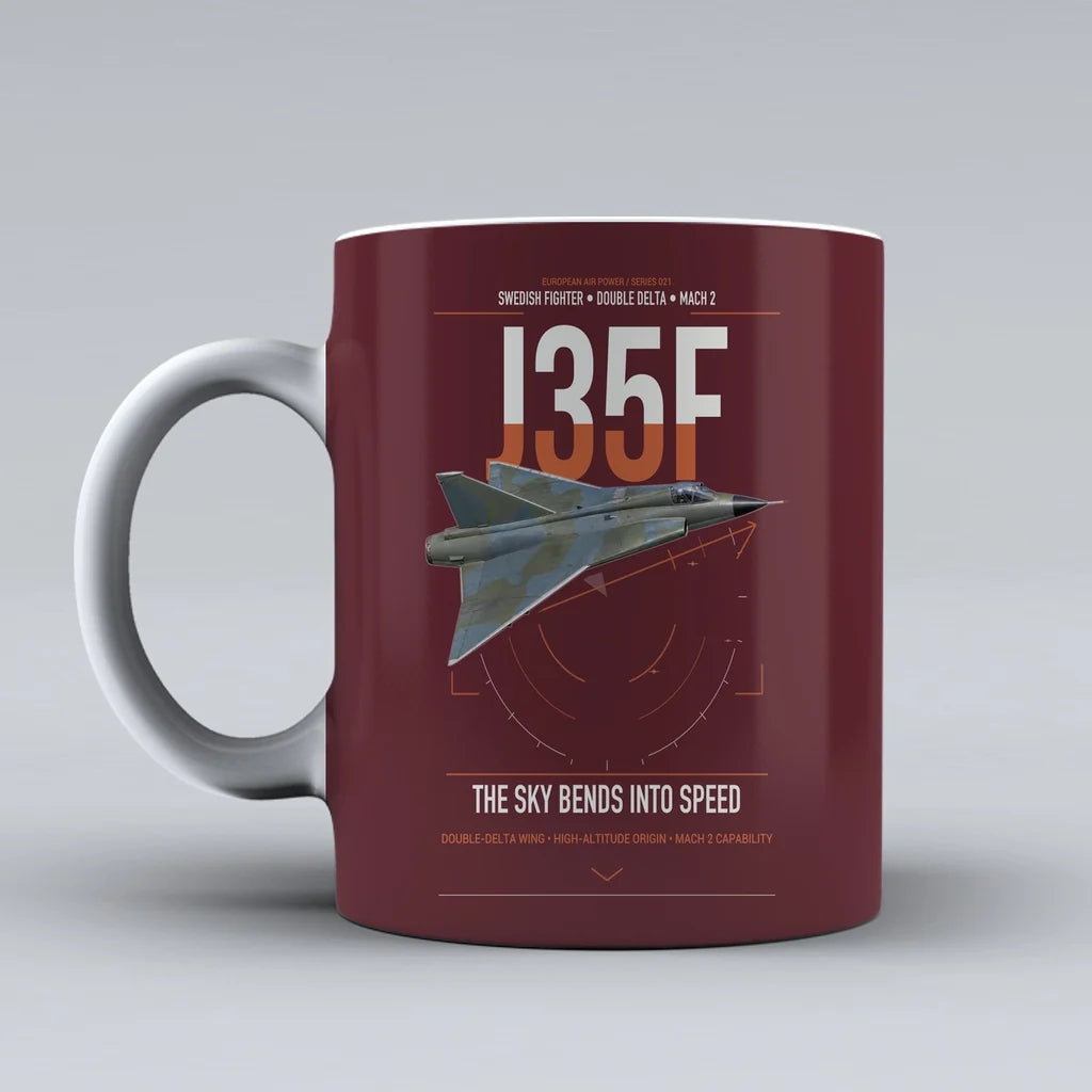 Saab J 35F Draken design on dark red ceramic mug, double-side print