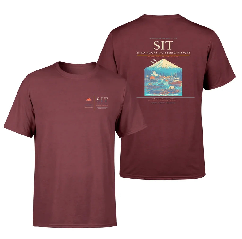 Sitka Rocky Gutierrez Airport (SIT) design printed on dark red double-side t-shirt