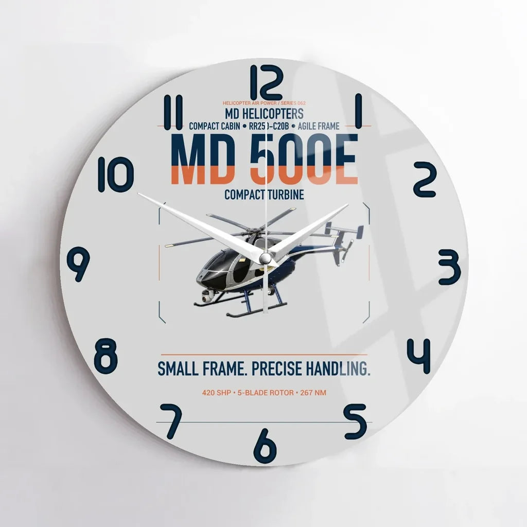 MD Helicopters MD 500E design on light gray no frame wall clock