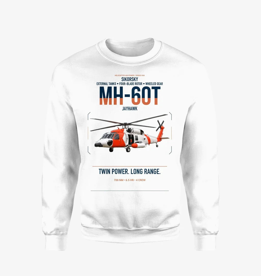 Sikorsky MH-60T Jayhawk design on white sweatshirt