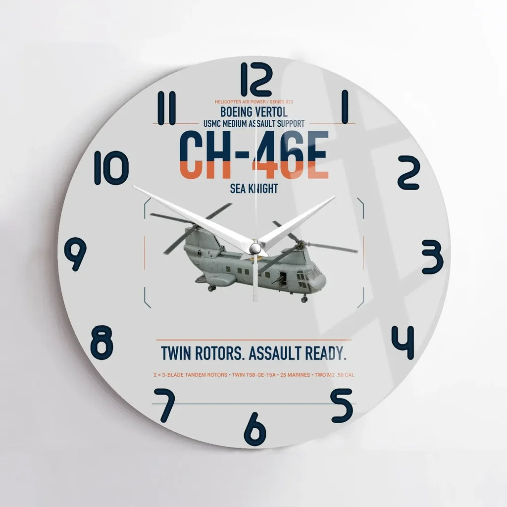 Boeing Vertol CH-46E Sea Knight design on light gray no frame wall clock