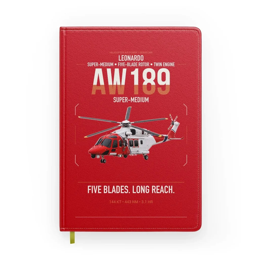 Leonardo AW189 design on red notebook