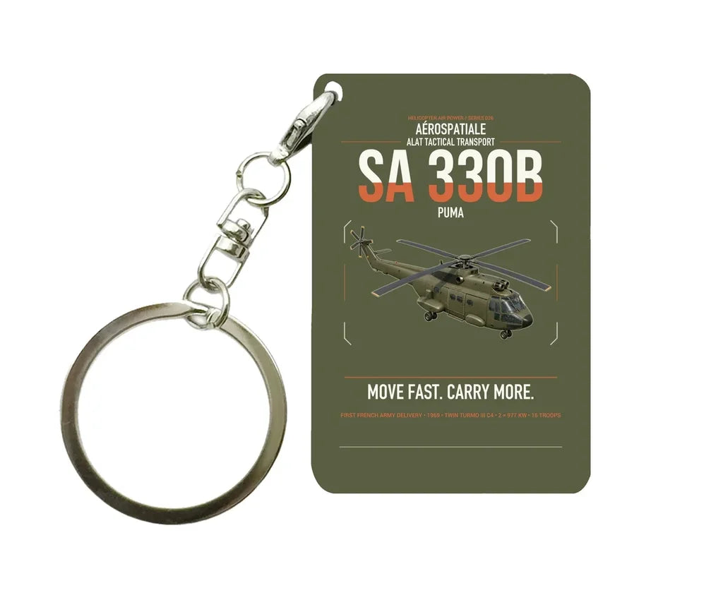 Aérospatiale SA 330B Puma design on green army designed key chain, double-side print