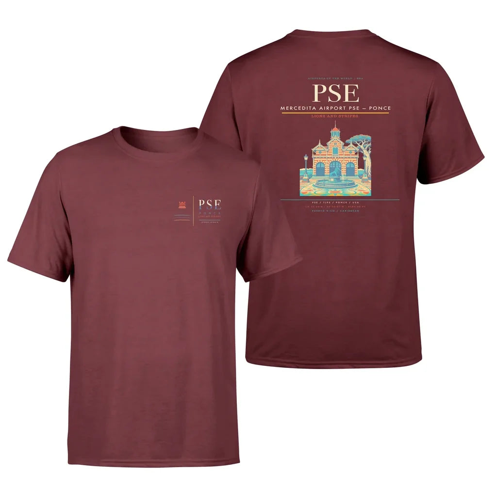 Mercedita Airport (PSE) design printed on dark red double-side t-shirt