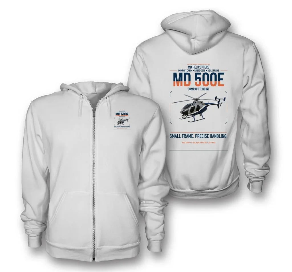 MD Helicopters MD 500E design on white premium zipped hoodie, double-side print